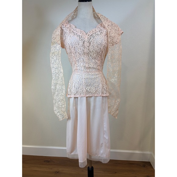 Dresses & Skirts - Vtg 50s Lace Top Scarf Slip Set S Pink  3pc‎ Ensemble Romantic Formal cocktail
